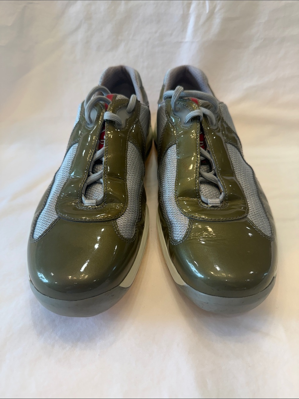 Prada Olive Patent & Light Gray Mesh America’s Cup Trainers with Red Logo